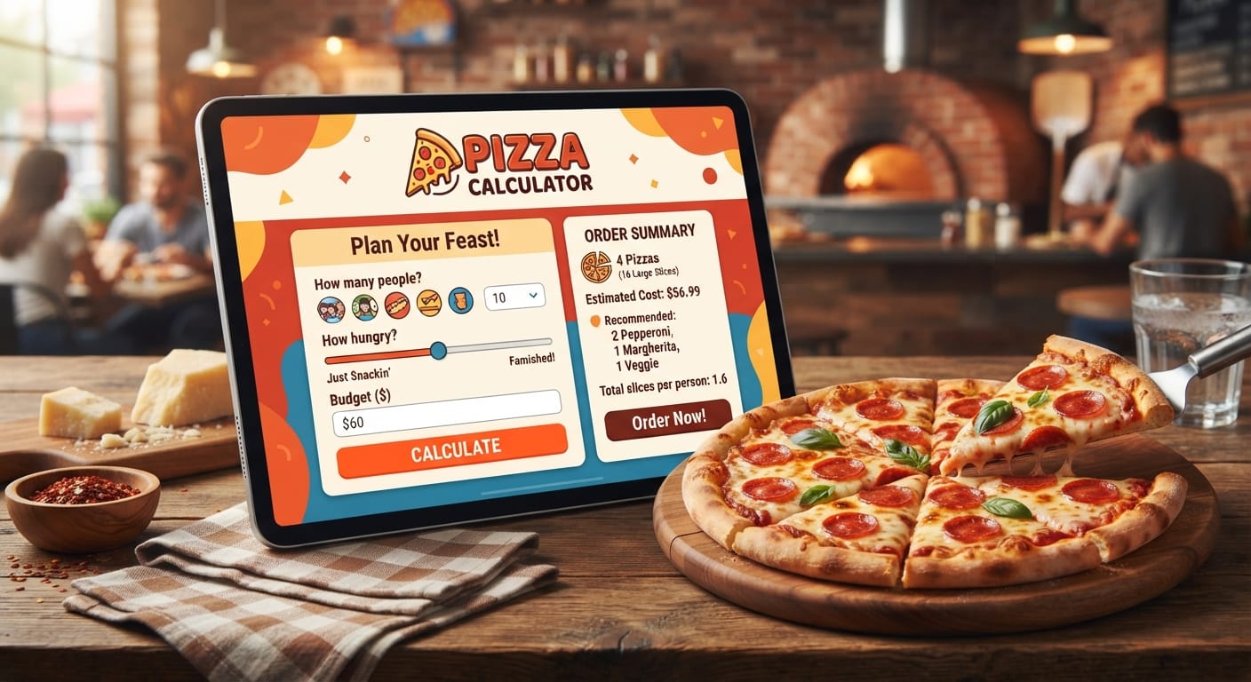 Pizza Calculator পিৎজা খেতে ইচ্ছে করছে দেখুন ঠিক কতগুলি অর্ডার করতে হবে
